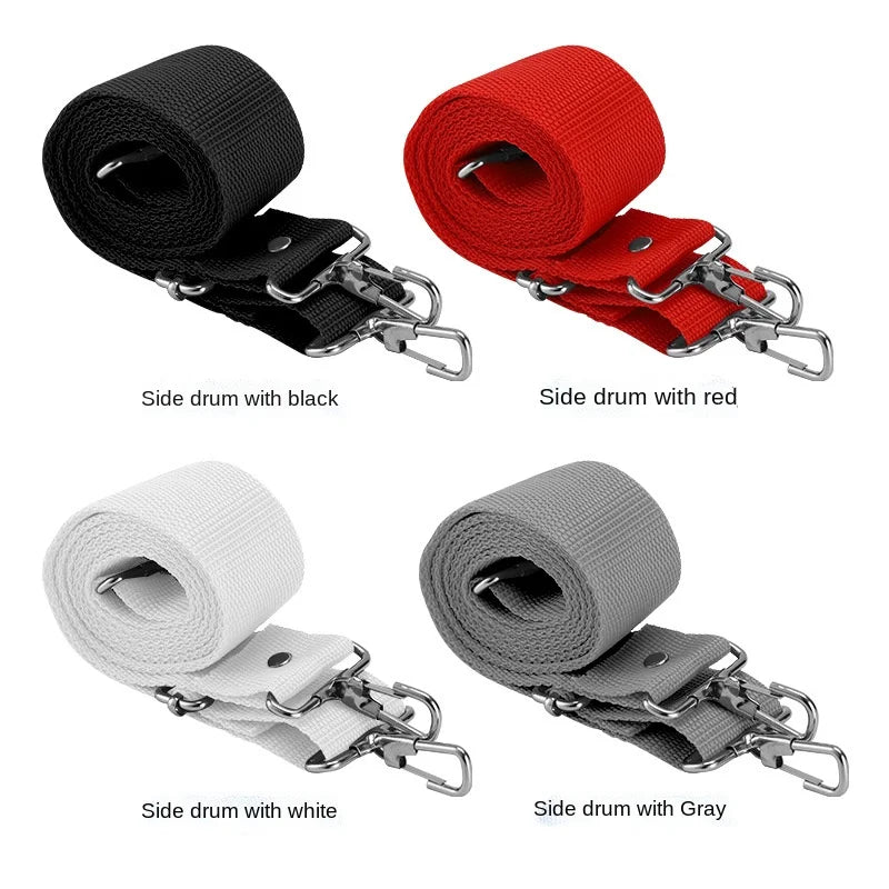 Durable canvas strap for small drum snare with silver metal hardware available in black red white and gray for universal use