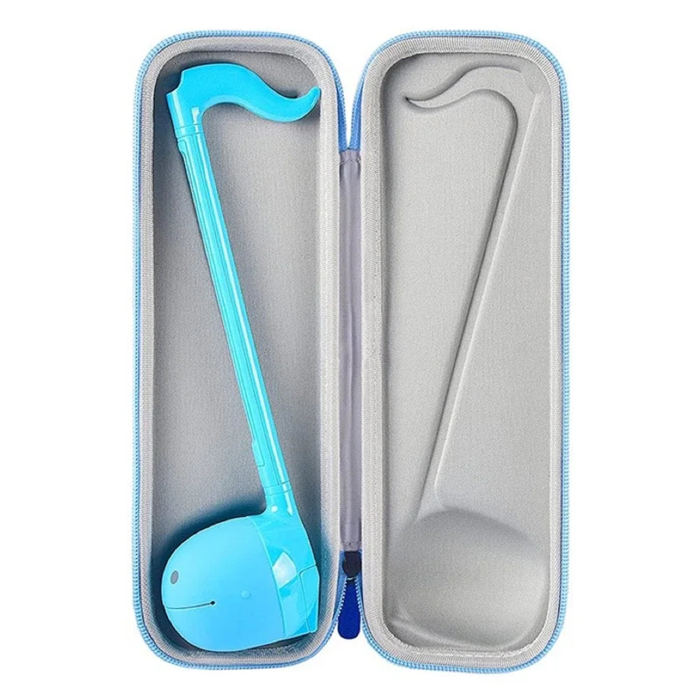 A bright blue waterproof music instrumental carrying case shaped like a koto with a smiling face and curved handle