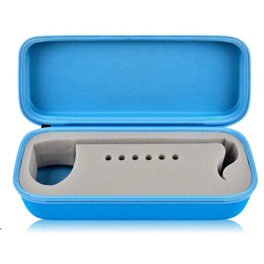 Blue protective musical instrument case with molded gray foam interior compatible with otamatone japanese electronic and portable synthesizer maywa
