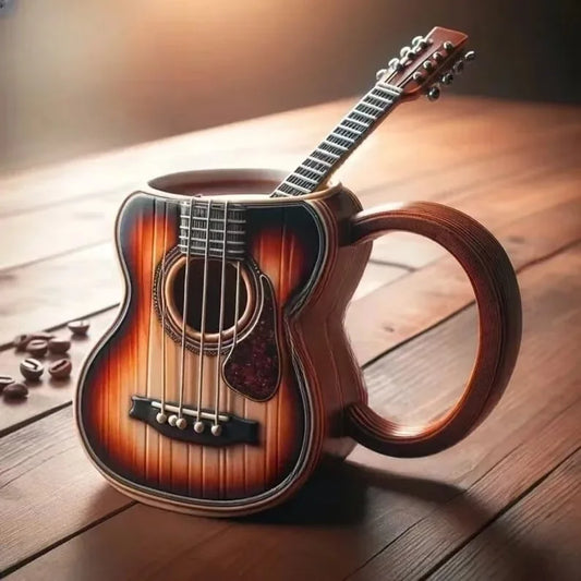 A ceramic acoustic guitar mug with sunburst finish and detailed notes ideal as a musicians birthday gift or office desk table decor