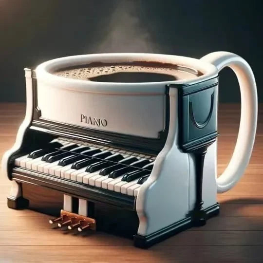 White ceramic coffee mug shaped like a miniature piano with black and white keys perfect as a musicians birthday gift or office desk table decor