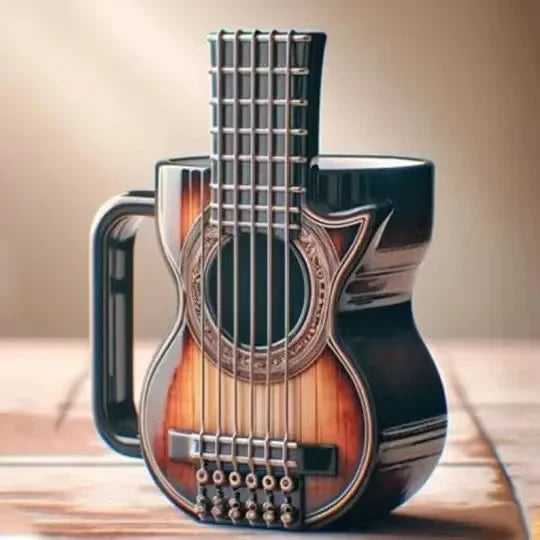 Acoustic guitar shaped ceramic mug with glossy wood grain finish and black strings perfect as a musicians birthday gift or office desk table decor