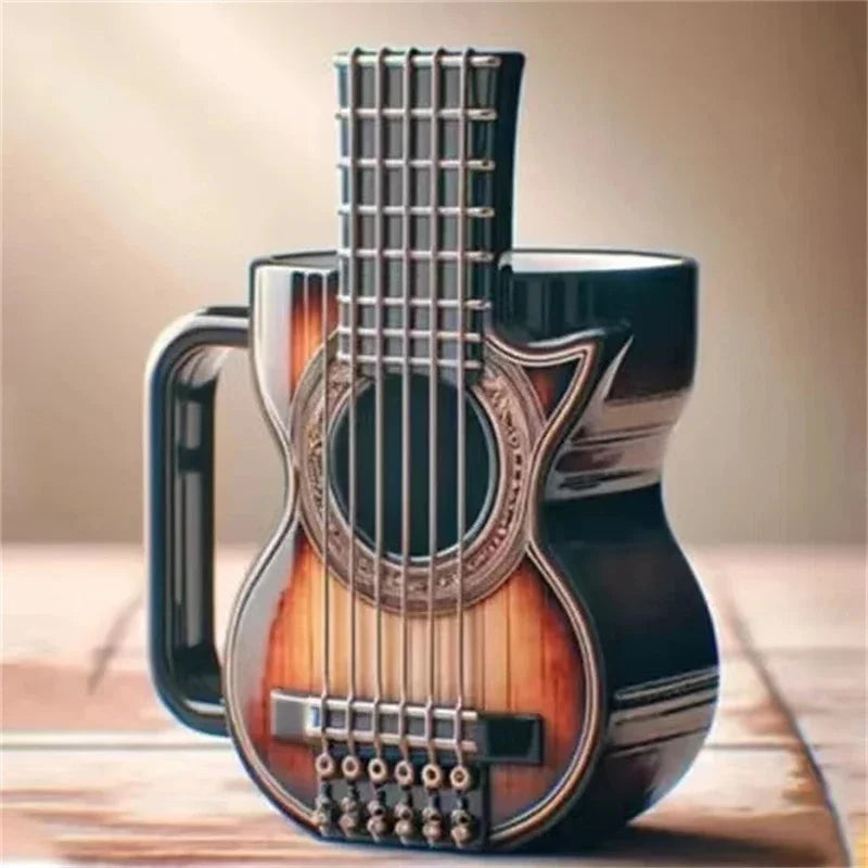 Glossy black and sunburst acoustic guitar-shaped mug with detailed fretboard design for musicians birthday gift office desk table decor