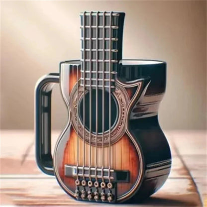 Glossy black and sunburst acoustic guitar-shaped mug with detailed fretboard design for musicians birthday gift office desk table decor
