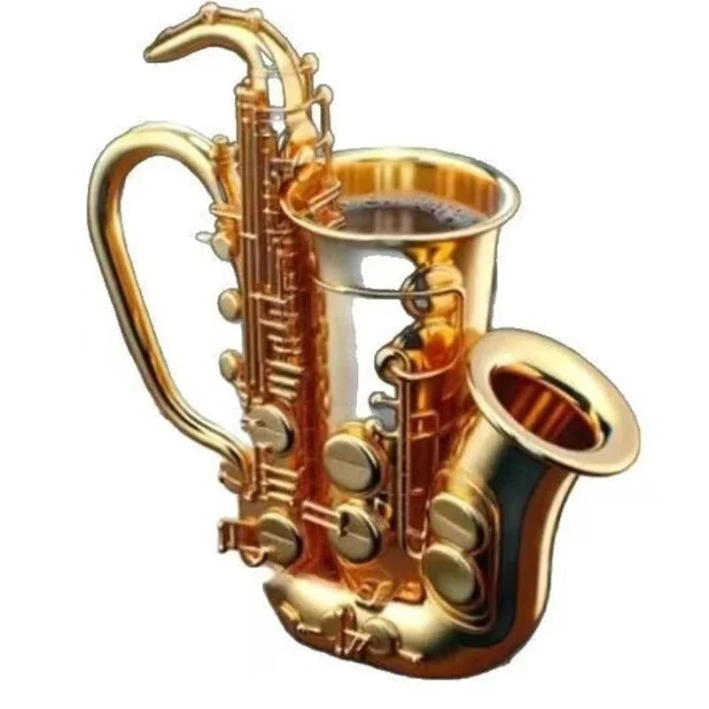 Golden saxophone-shaped ceramic coffee mug with handle and keyhole details novelty music note for musicians birthday gift office desk table decor