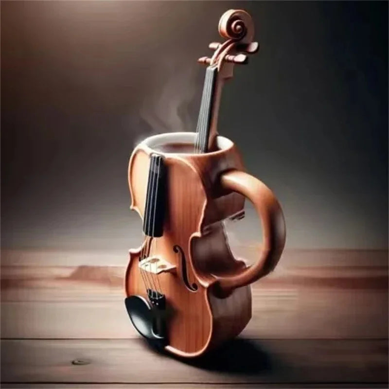 A warm steaming violin-shaped coffee mug with wood grain and black strings for musicians birthday gift or office desk table decor