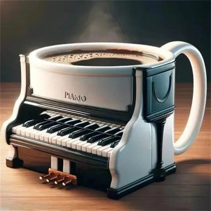 A white and black piano-shaped ceramic coffee mug with steam ideal as a musicians birthday gift or office desk table decor