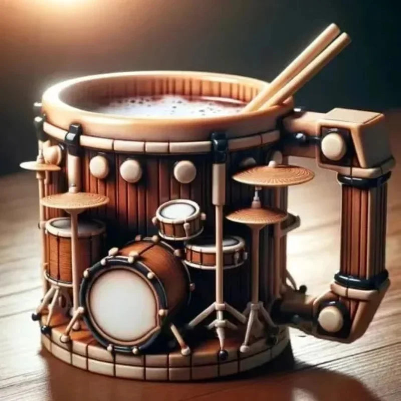 Wooden drum set mug with realistic brown tones detailed cymbals and drums perfect musicians birthday gift office desk table decor