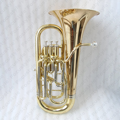 Shiny gold brass professional euphonium with intricate engraved bell and polished silver valves high quality instrument