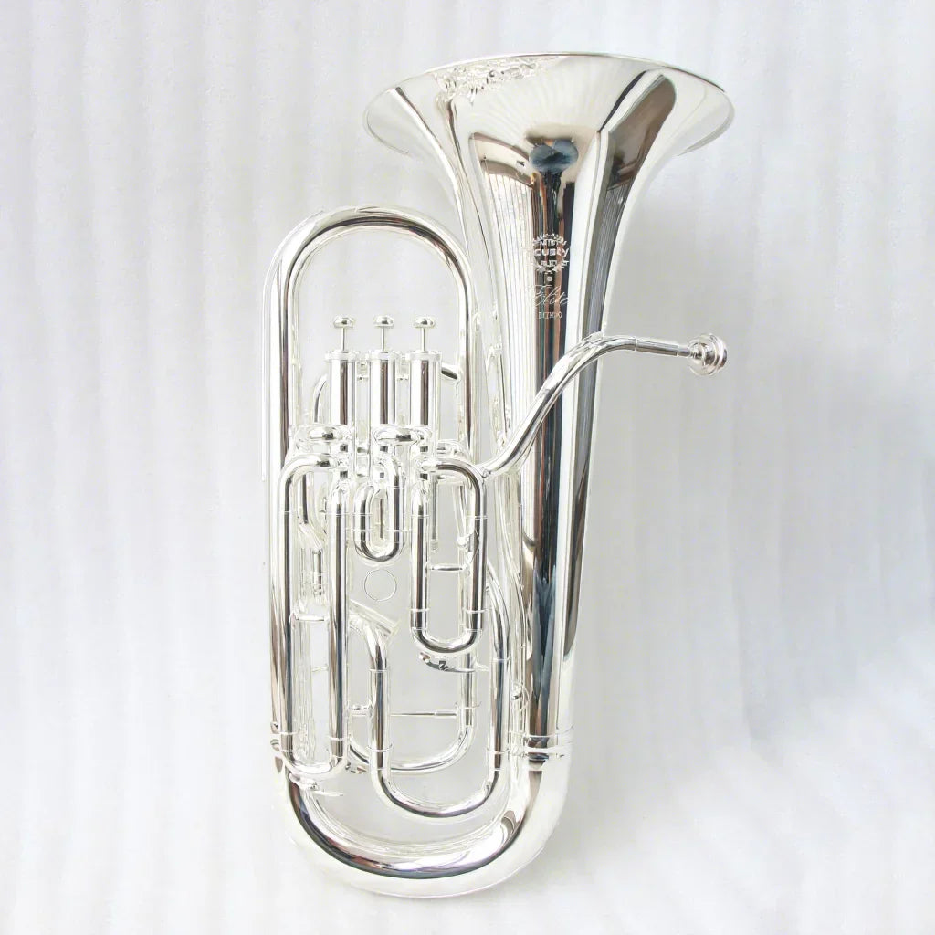 High quality shiny silver brass euphonium with intricate tubing and four professional valves for precise musical performance
