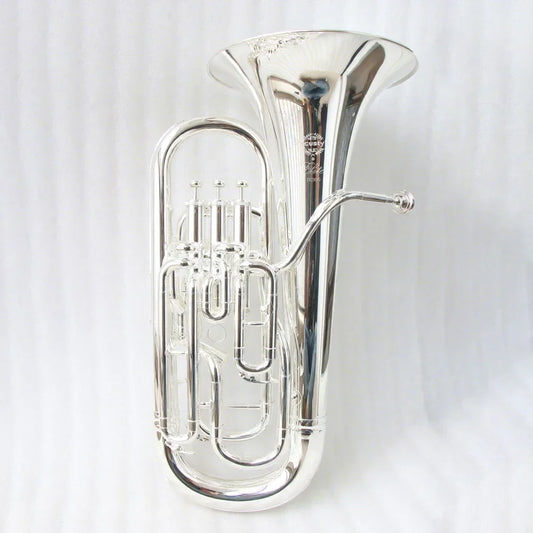 High quality shiny silver brass euphonium with intricate tubing and four professional valves for precise musical performance