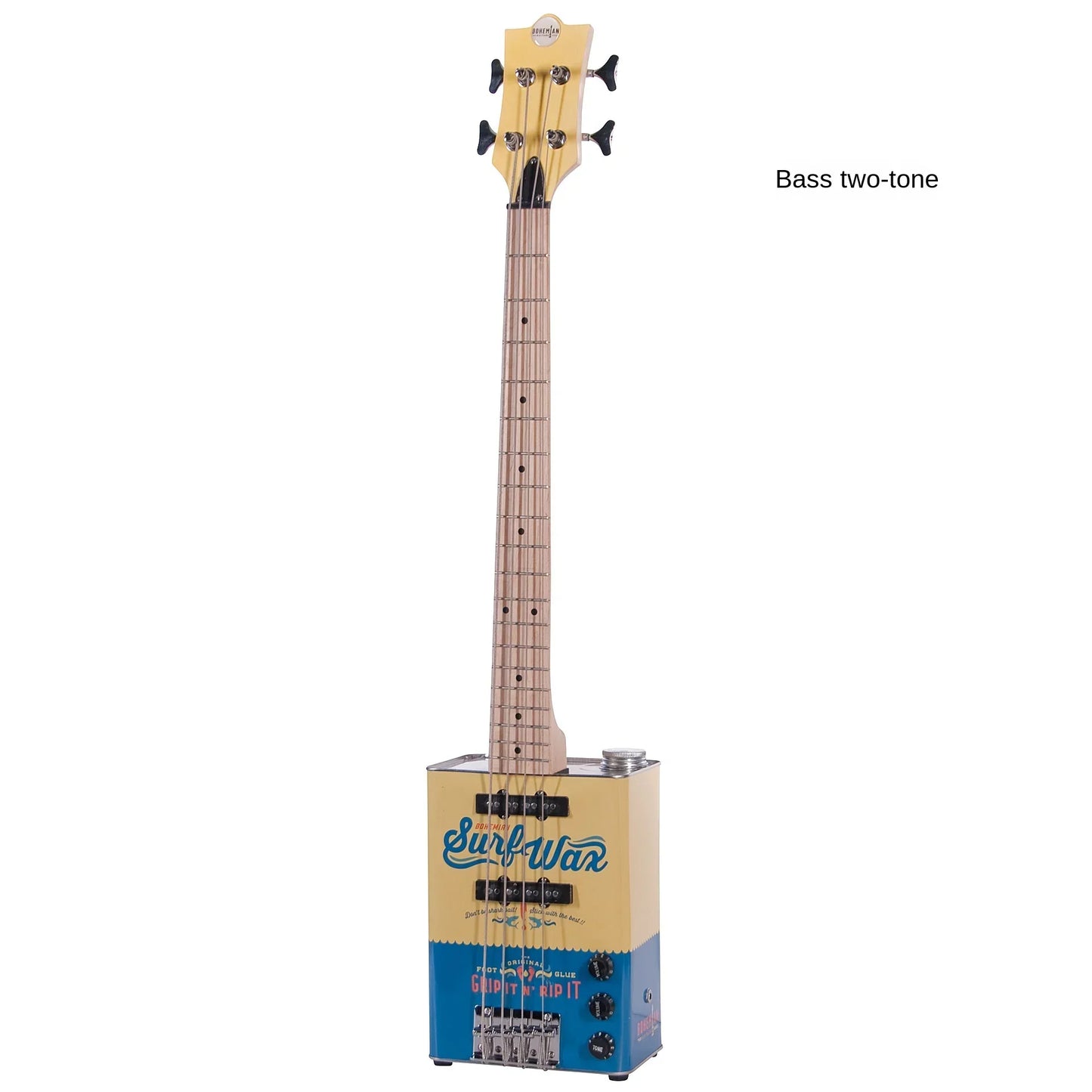 A two-tone yellow and blue surf-war bass classical musical instrument guitar with vintage surf graphics on a rectangular case housing