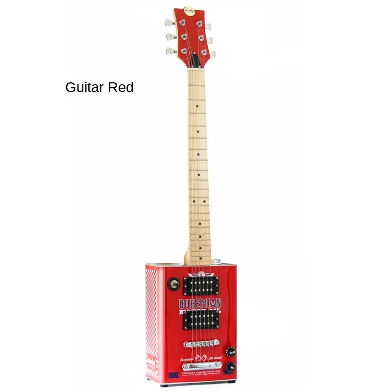 Red rectangular musical instrument guitar with light wood fretboard black pickups and bohemian printed on side