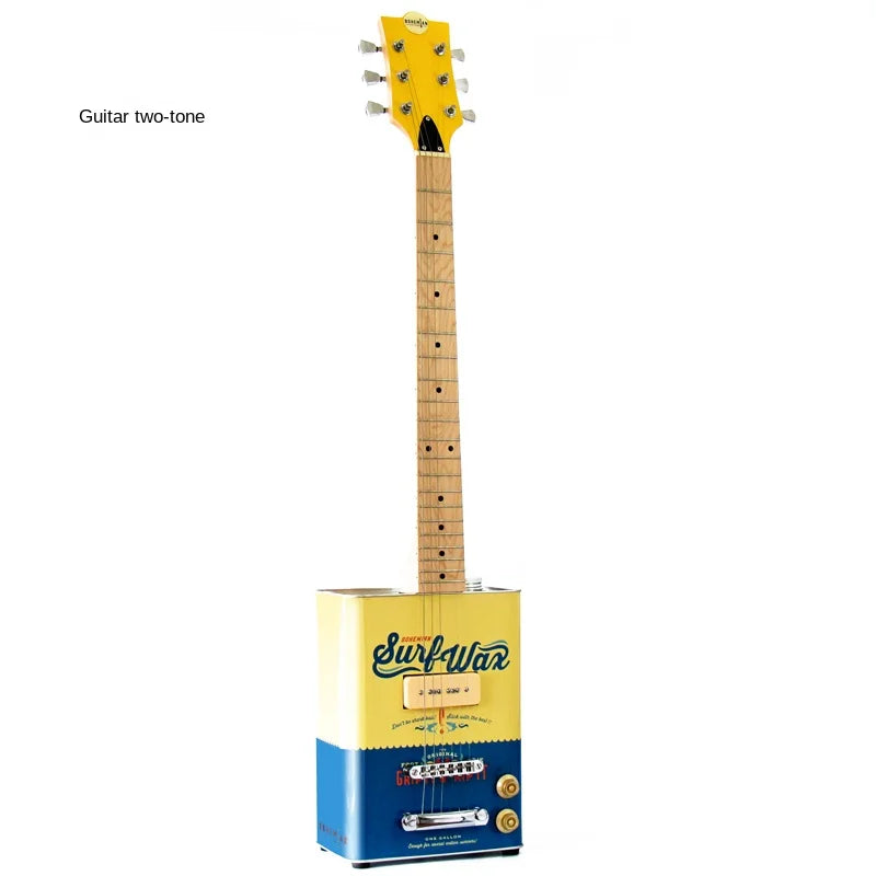 A vintage-style two-tone musical instrument guitar with yellow headstock and body and blue lower section surf wax branding