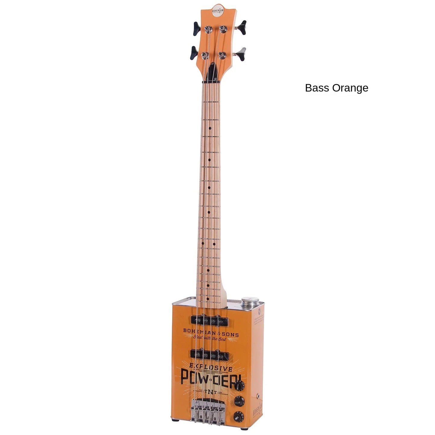 Orange bass classical musical instrument guitar with wooden neck and body featuring black tuning pegs and knobs