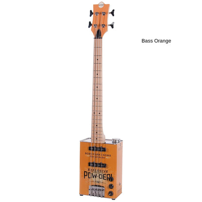 Orange bass classical musical instrument guitar with wooden neck and body featuring black tuning pegs and knobs