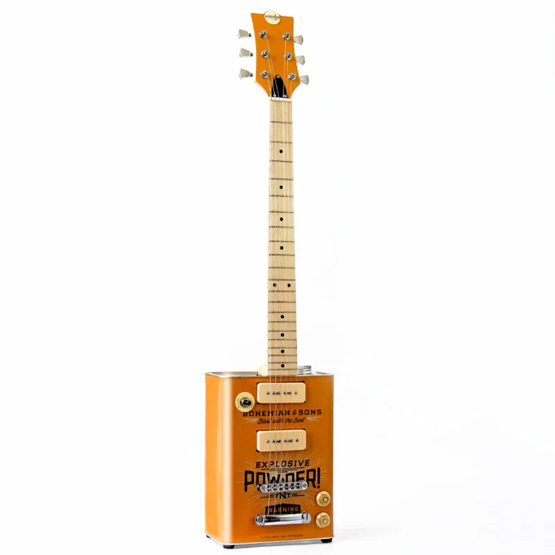 Orange rectangular musical instrument guitar made from metal can with vintage pickups and bohemian and sons branding