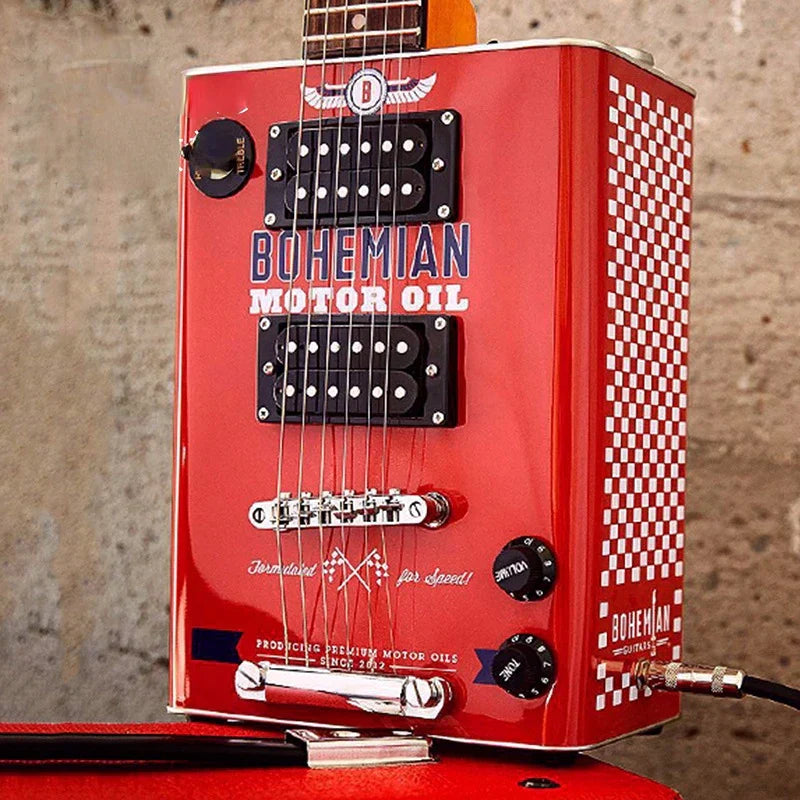 Red bohemian motor oil electric guitar musical instrument guitar made from repurposed metal can with black pickups and checkered accents