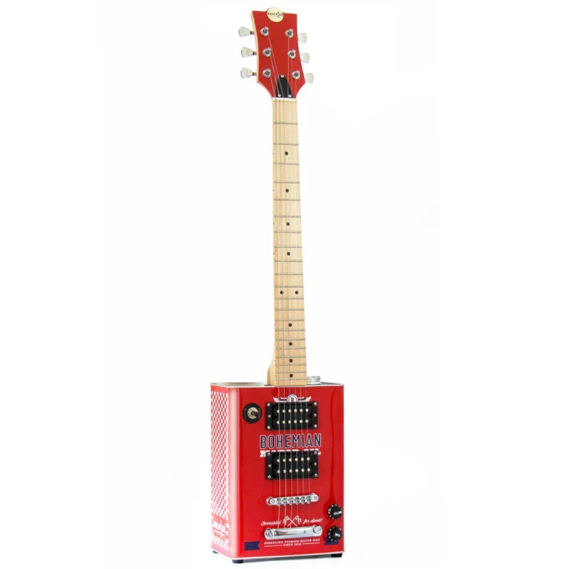 Red rectangular musical instrument guitar with light wood fretboard and black pickups featuring bohemian print