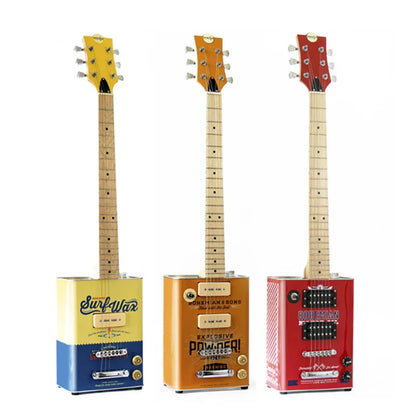 Three vintage guitar-shaped containers in yellow-blue, orange-black, and red-white designs for musical instrument guitar use