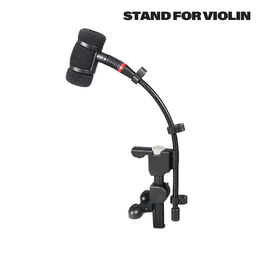 Black adjustable musical instrument microphone stand with flexible gooseneck and padded foam clamps for violin mandolin cello