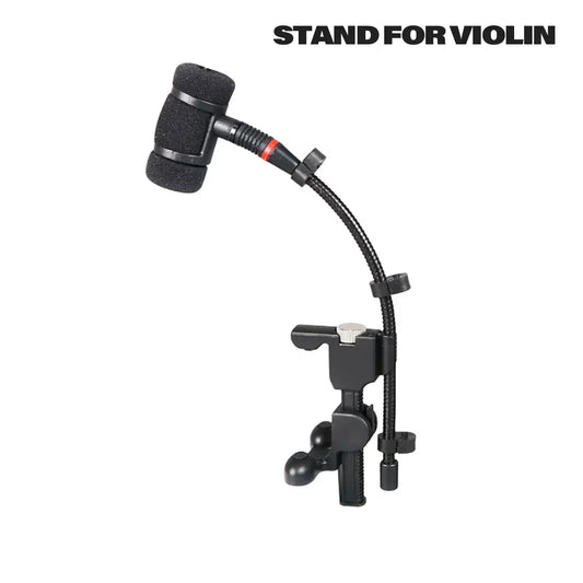 Black adjustable musical instrument microphone stand with flexible gooseneck and padded foam clamps for violin mandolin cello
