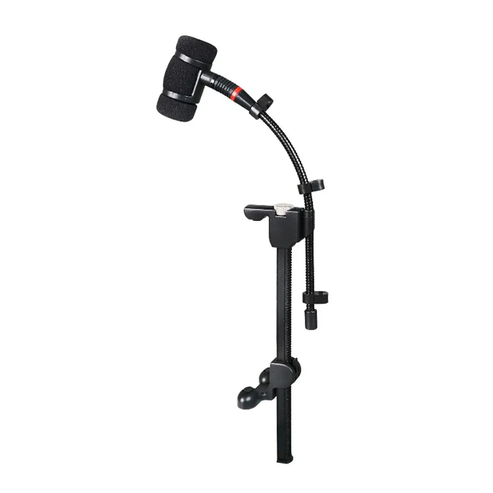 Black drum musical instrument microphone with flexible gooseneck and adjustable clamp for violin mandolin cello acoustic guitar