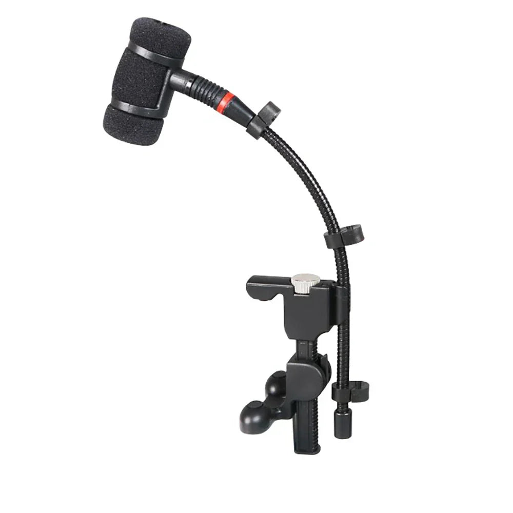 Black gooseneck musical instrument microphone stand with foam-covered condenser mic and adjustable instrument microphone clip for violin mandolin cello