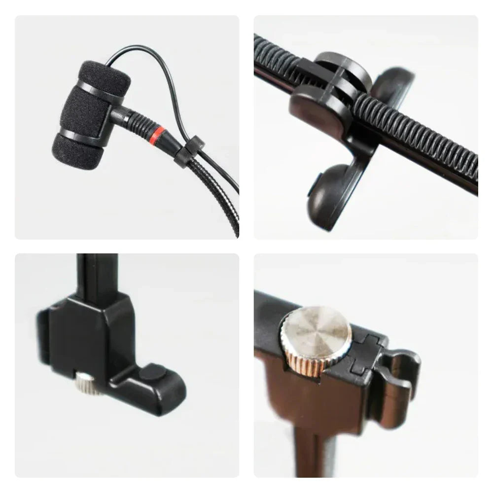 Black musical instrument microphone with foam windscreen and adjustable clip for violin mandolin cello and acoustic guitar