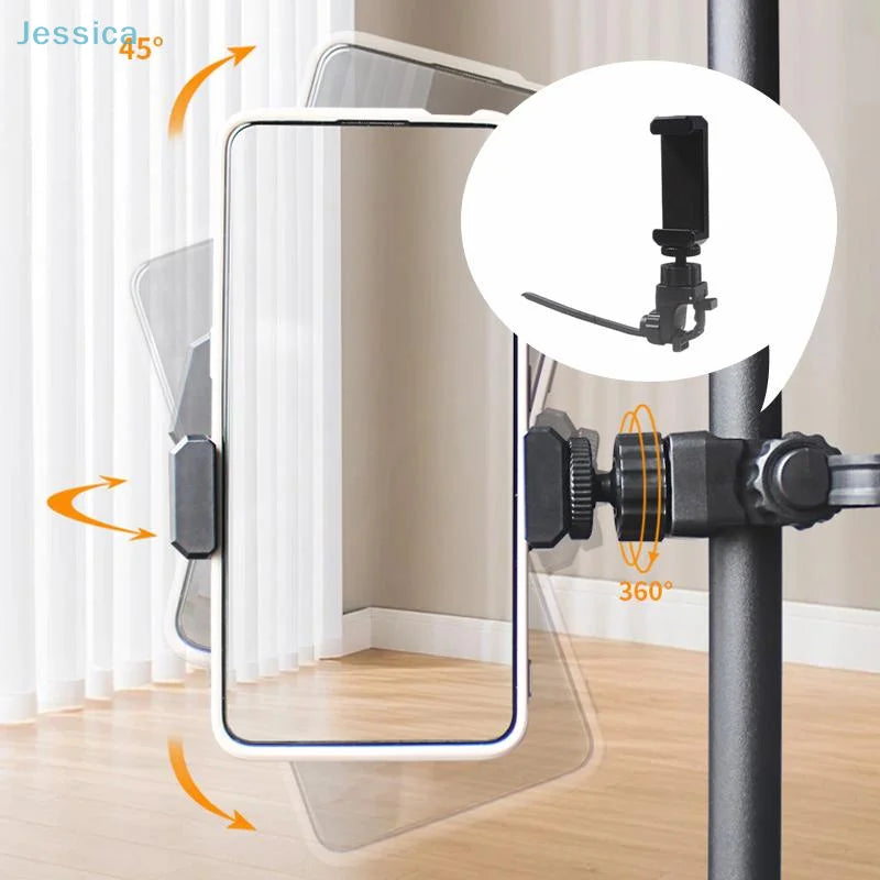 Black adjustable lyre phone holder with 360 degree rotation and 45 degree tilt for multifunctional selfie recording
