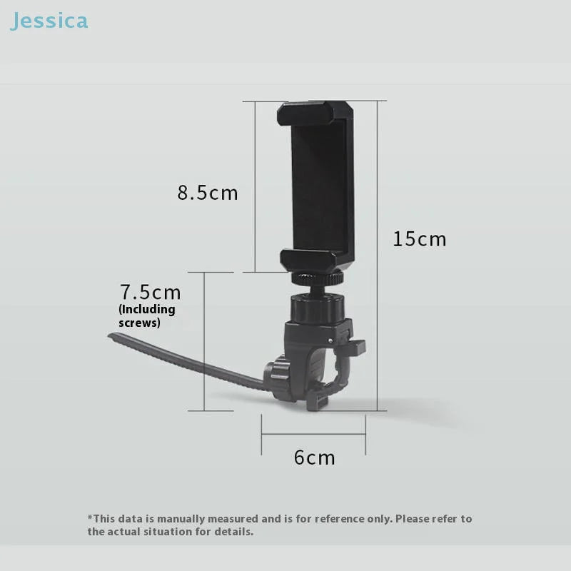 Black plastic lyre phone holder with adjustable clamp and screw-on base for multifunctional selfie recording and instrument use