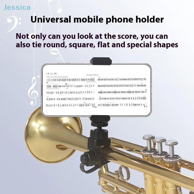 Black multifunctional lyre phone holder with adjustable clamp and clip for secure selfie recording on brass instruments