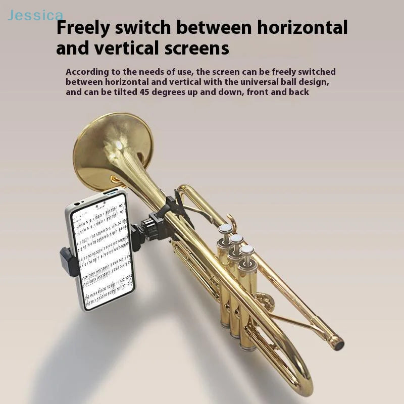 A sleek black multifunctional selfie recording lyre phone holder with universal ball design on a golden trumpet instrument phone stand