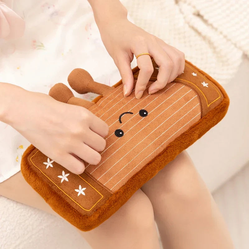 Cute brown plush hot water bottle shaped like a harp with embroidered stars in the musical instrument series plush toy collection
