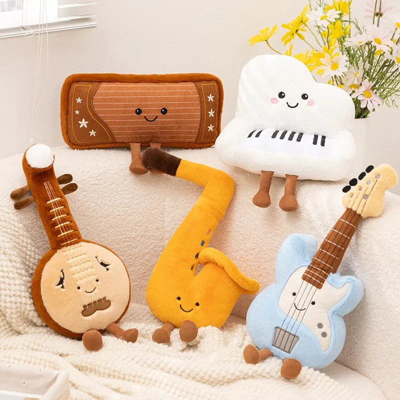 Cute piano saxophone plush toy series featuring soft stuffed pillows in brown white yellow and blue musical instrument series