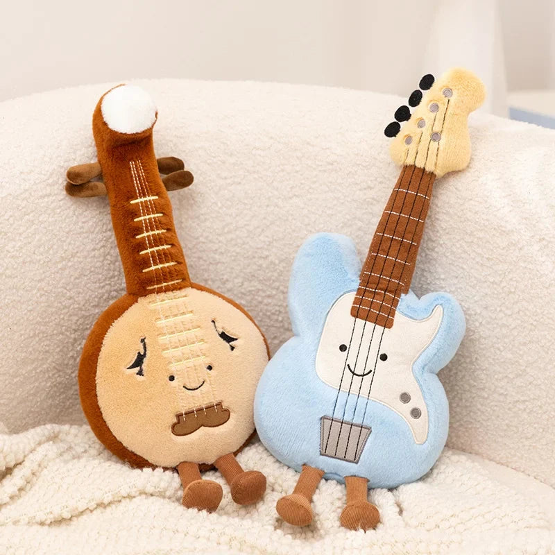 Cute musical instrument series plush toy featuring soft brown and light blue stuffed guitars with smiling faces