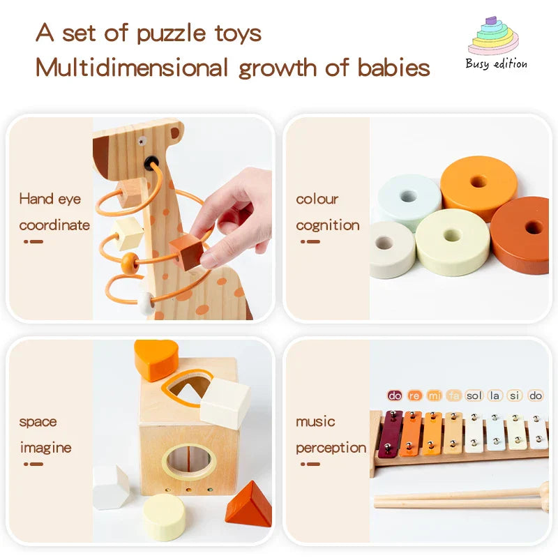 Wooden giraffe-shaped musical instrument toy with orange beads and spots montessori early learning tool for kids