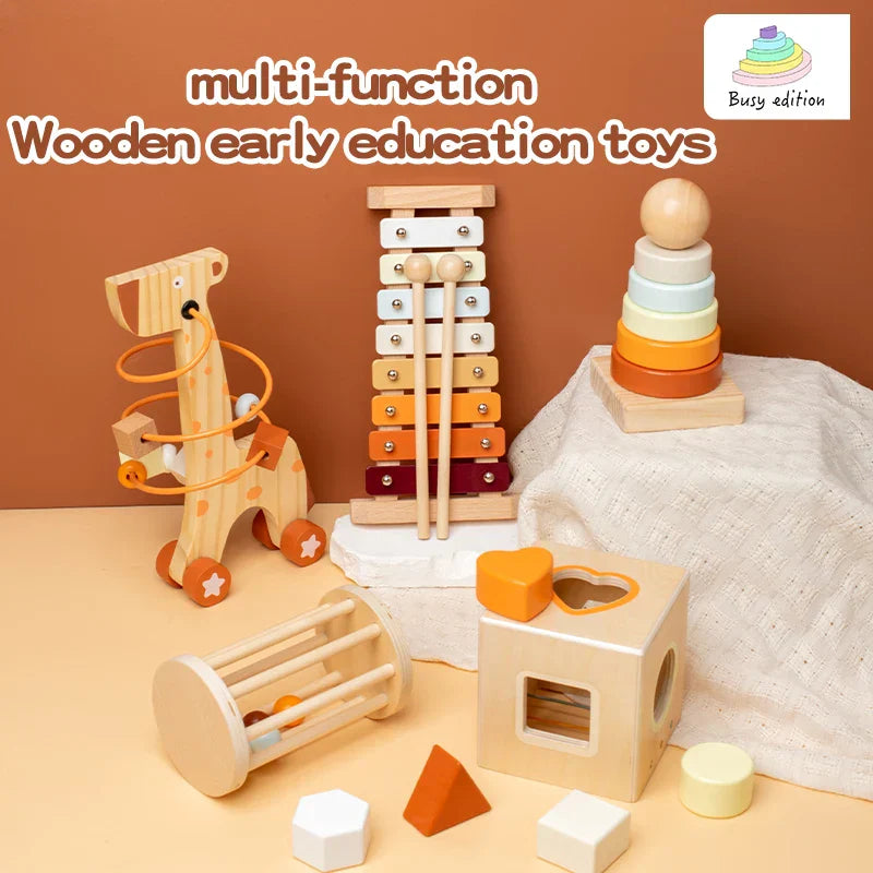 Wooden educational tools musical instrument toy set with giraffe hoops xylophone and pastel stacking rings for montessori early learning