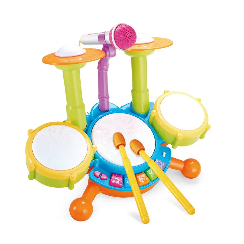 Brightly colored plastic musical instruments children jazz electric light cool drum set with pink microphone and yellow sticks