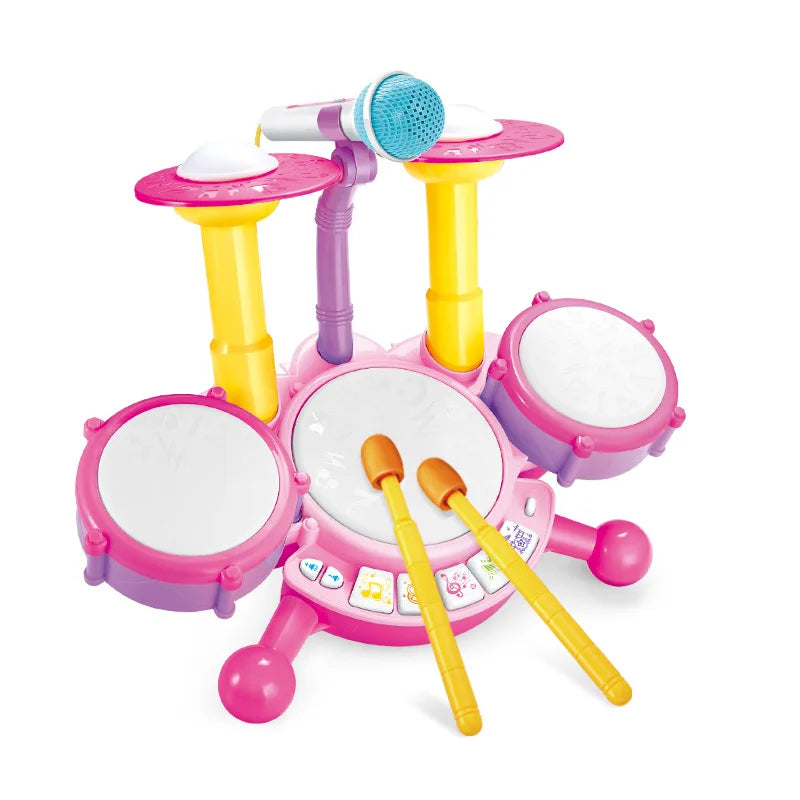 Pink and purple plastic electric light cool children jazz drum set with yellow sticks, blue mesh microphone, and colorful buttons