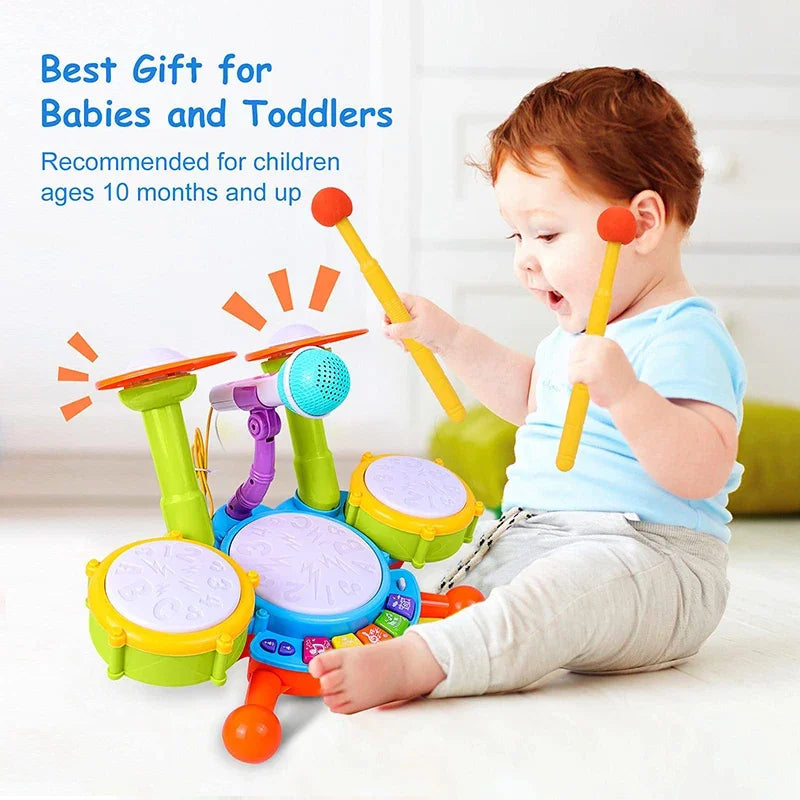 Brightly colored plastic musical instruments children jazz electric light cool toy drum set with microphone and sticks