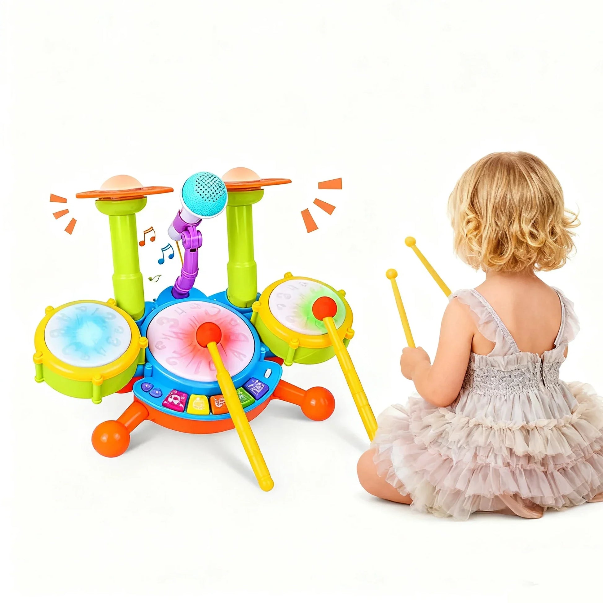 Brightly colored plastic musical instruments children jazz drum set with electric light cool features and blue microphone