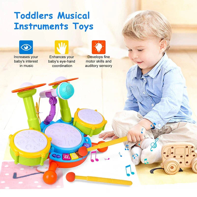 Brightly colored electric light cool musical instruments children jazz drums set with green blue yellow and purple components