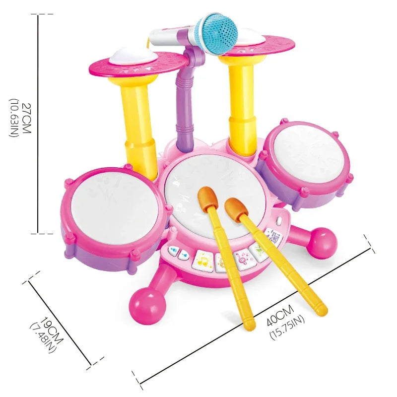 Pink and purple plastic musical instruments children jazz drum set with electric light cool features and colorful buttons