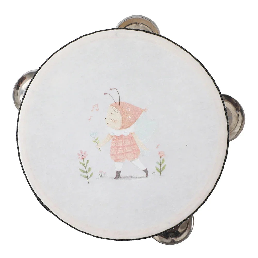 White tambourine with pink girl illustration and metallic jingles for early educational wooden musical instruments montessori toys drum xylophone
