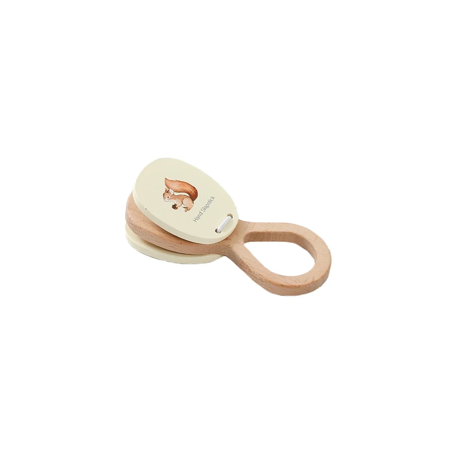 A natural-toned wooden baby rattle with squirrel illustration on off-white top for montessori music baby toys drum xylophone