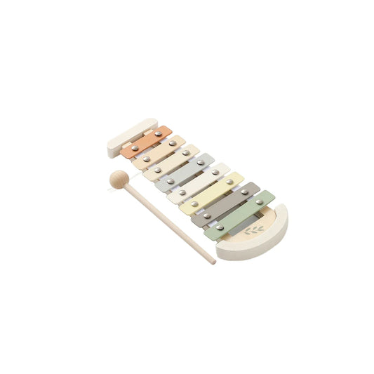 A wooden toys drum xylophone with pastel-colored keys and matching mallet designed for montessori music baby education
