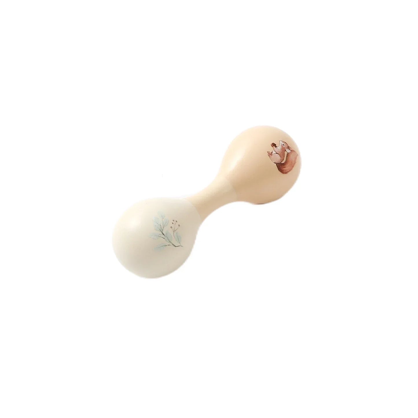 Cream-colored ceramic maraca with hand-painted squirrel and foliage for montessori music baby educational wooden instruments