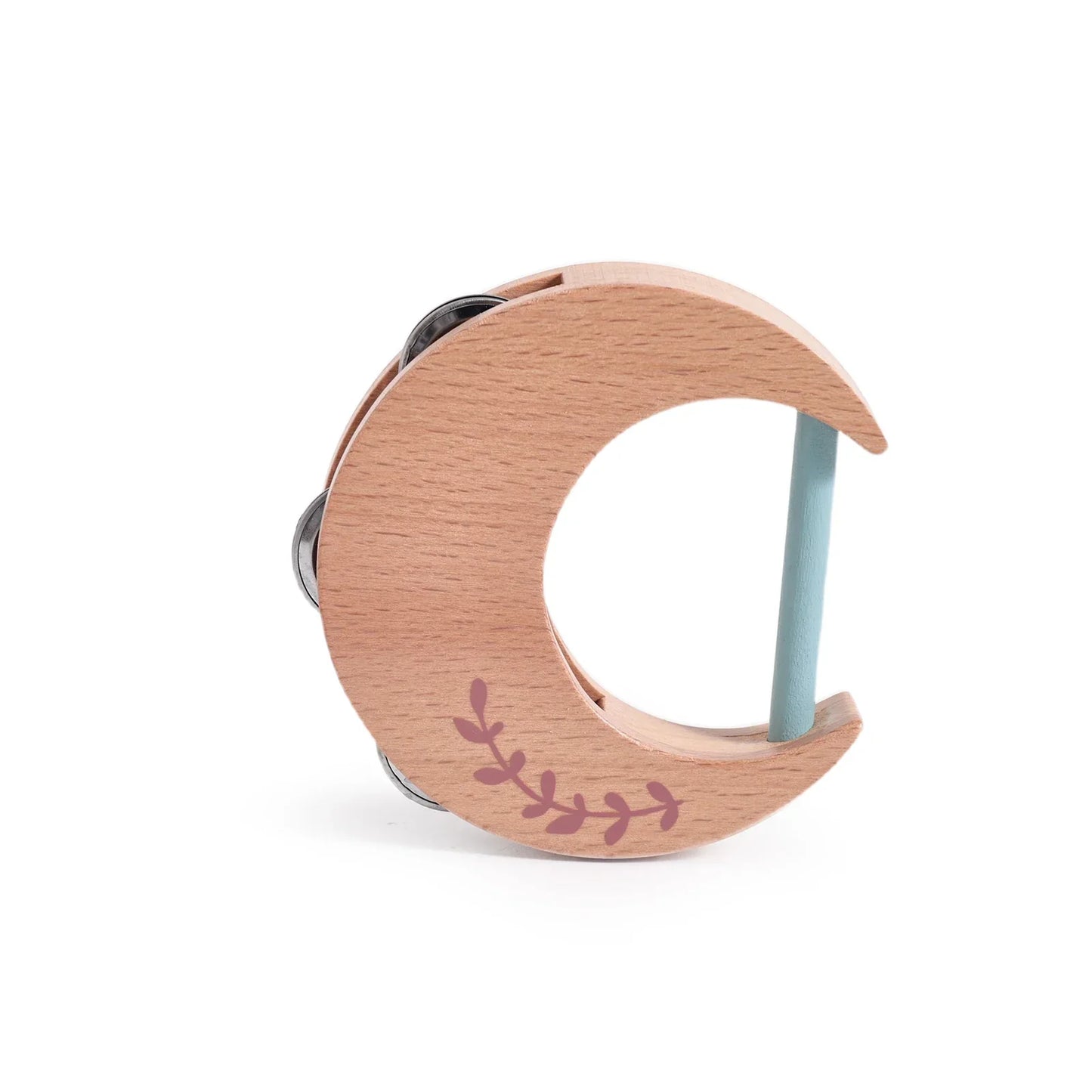 A light wood crescent moon tambourine with pink leafy design and silver jingles for montessori music baby toys drum xylophone
