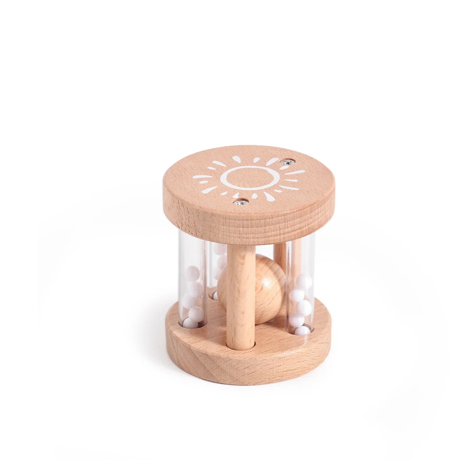 Light wood montessori music baby rattle with sun design clear tubes white beads educational wooden instruments toy
